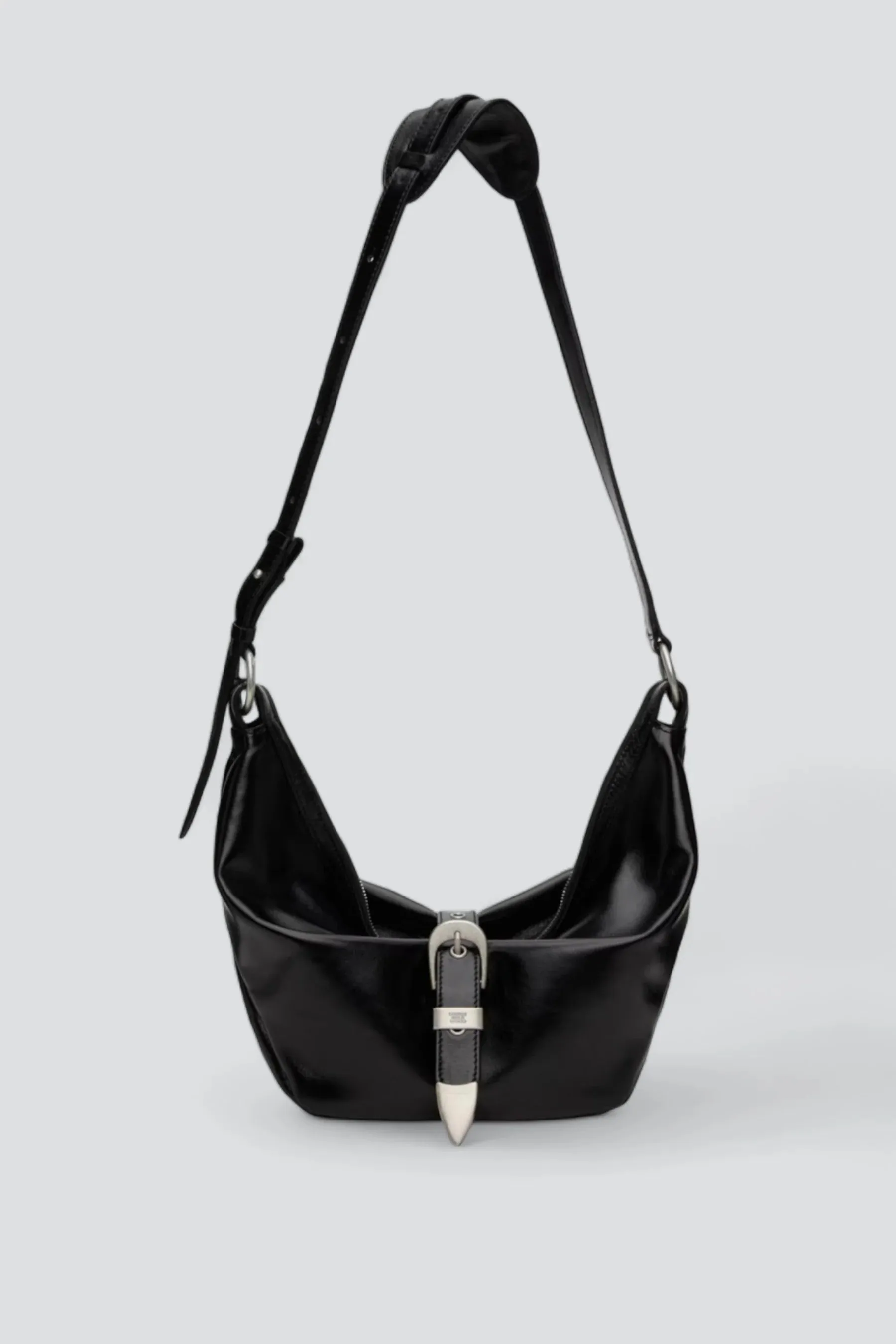 Black Glossy Plain Belted Hobo Medium