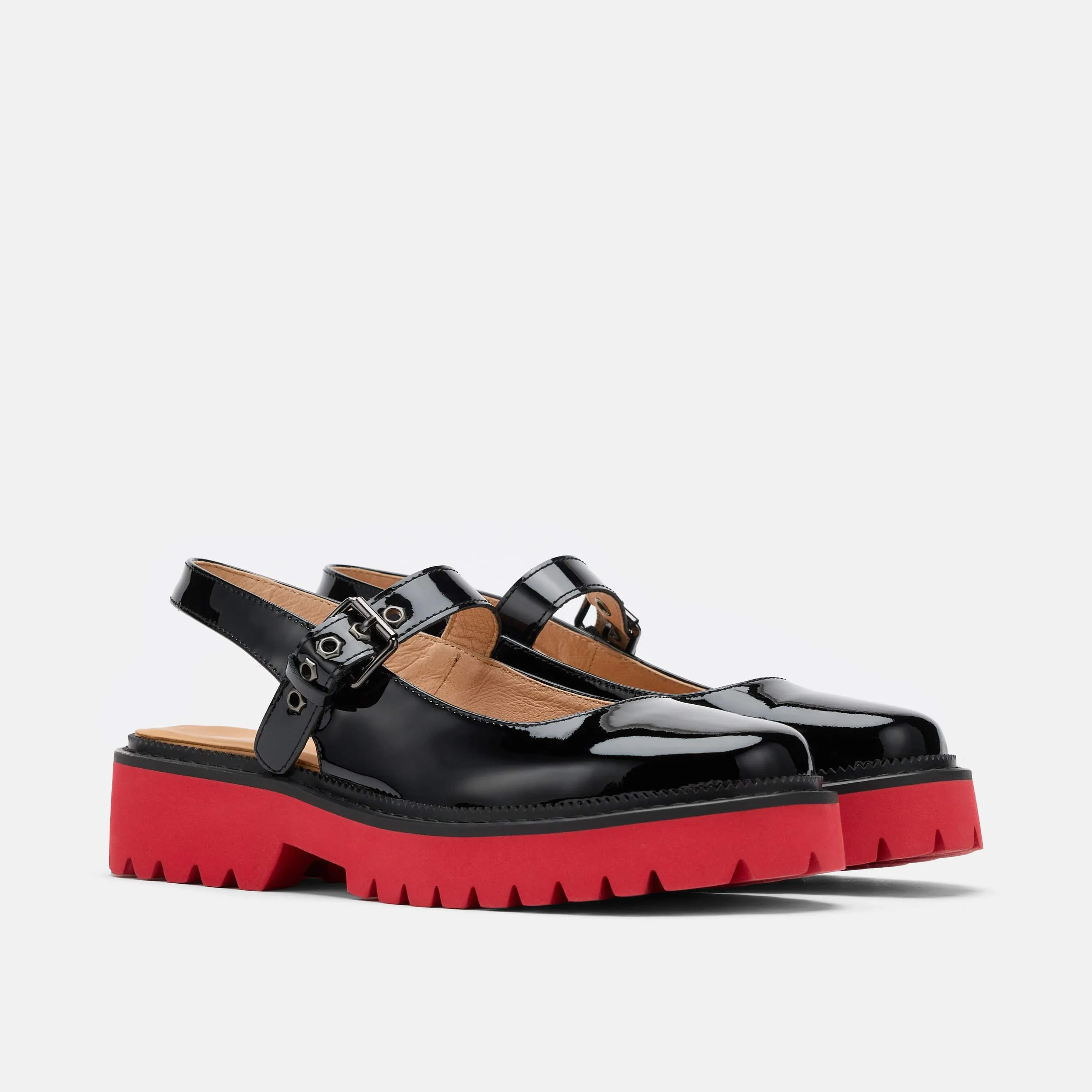 Luna Black/Red Leather Mary Jane Lug Slingbacks