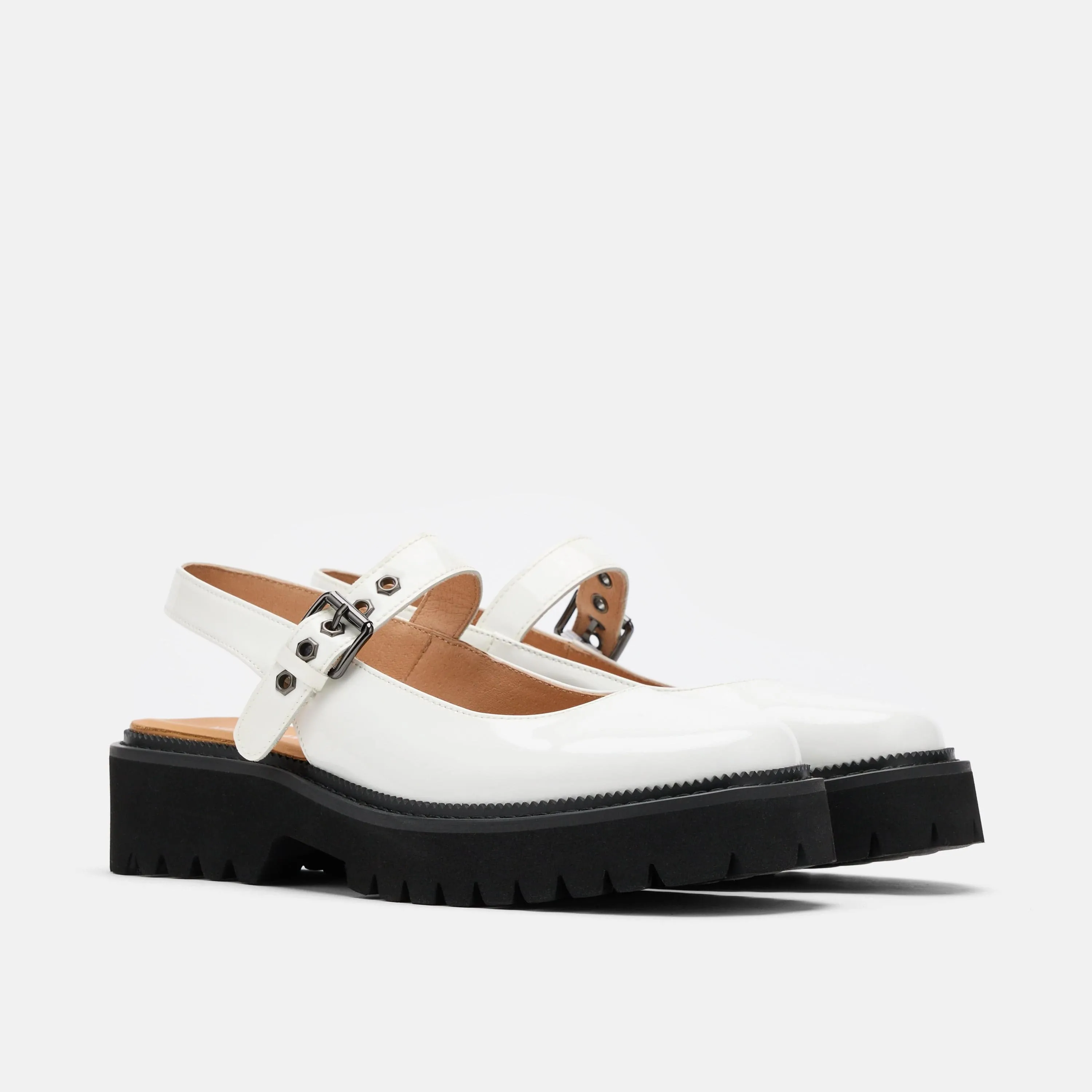 Luna White Leather Mary Jane Lug Slingbacks