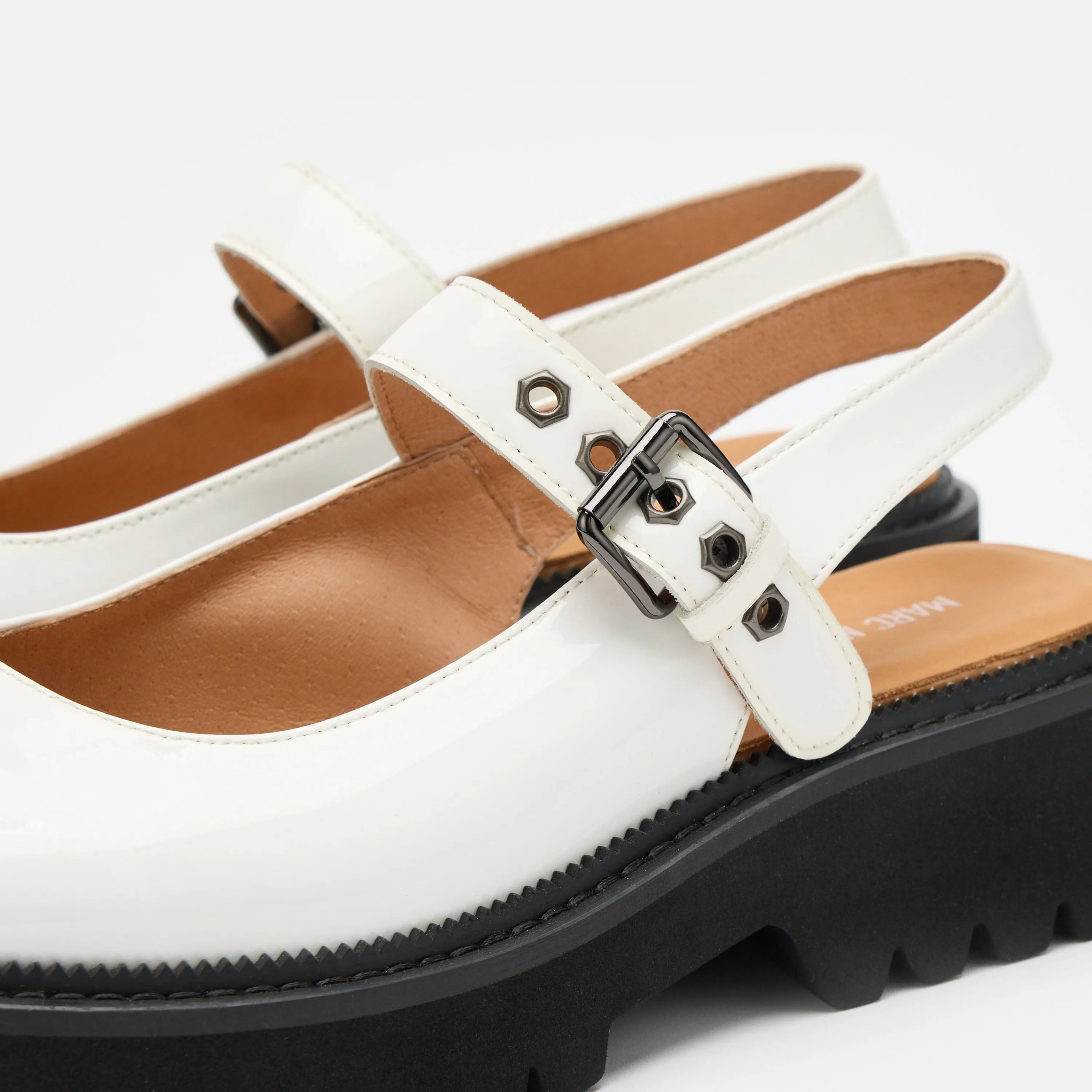 Luna White Leather Mary Jane Lug Slingbacks