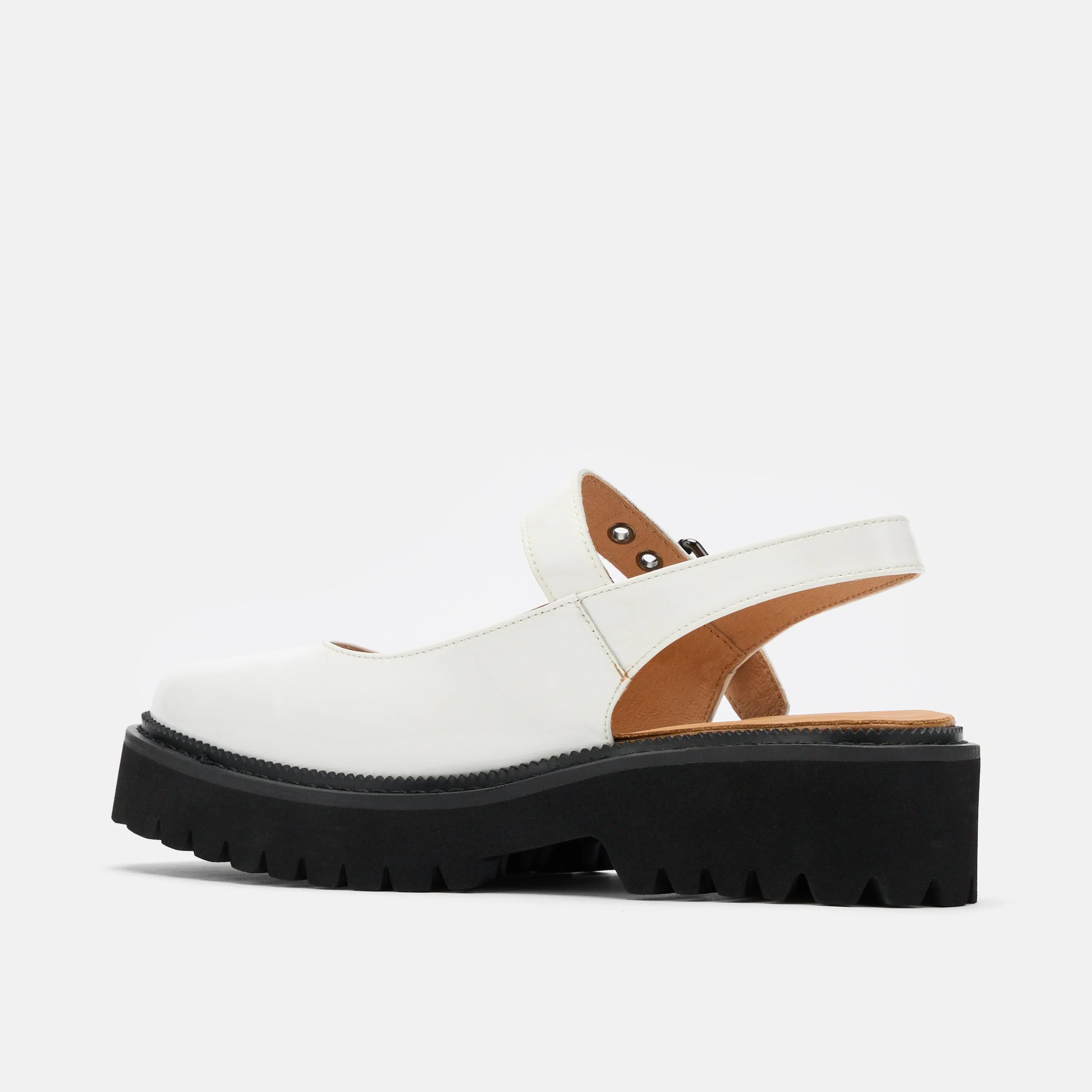 Luna White Leather Mary Jane Lug Slingbacks