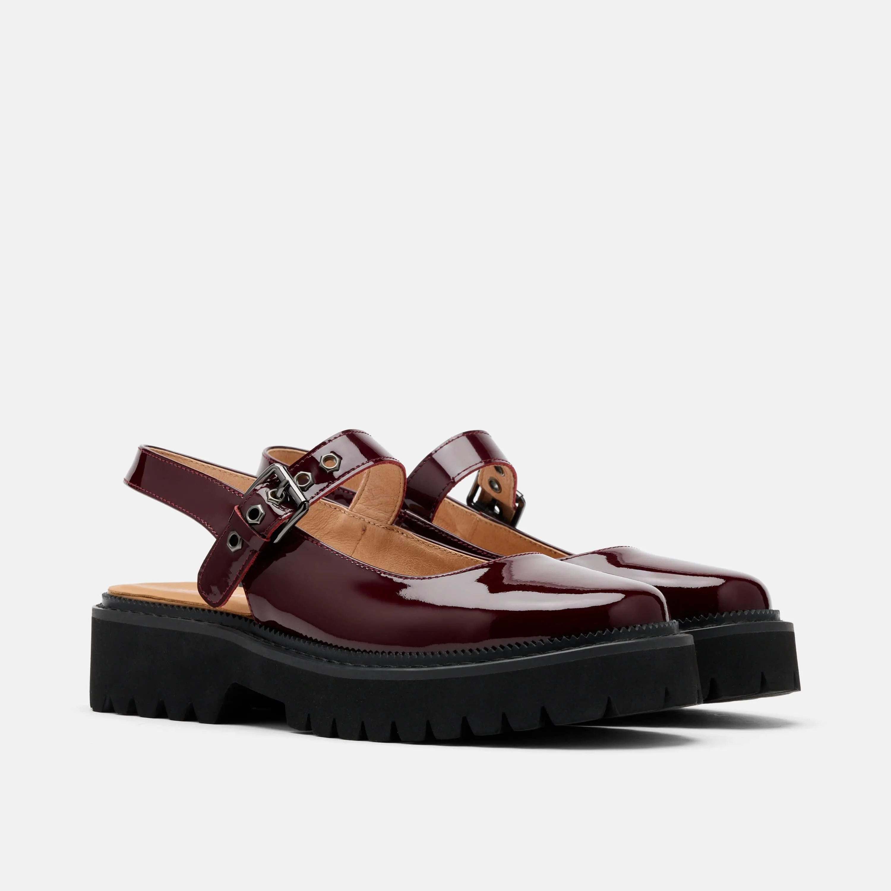 Luna Wine Leather Mary Jane Lug Slingbacks