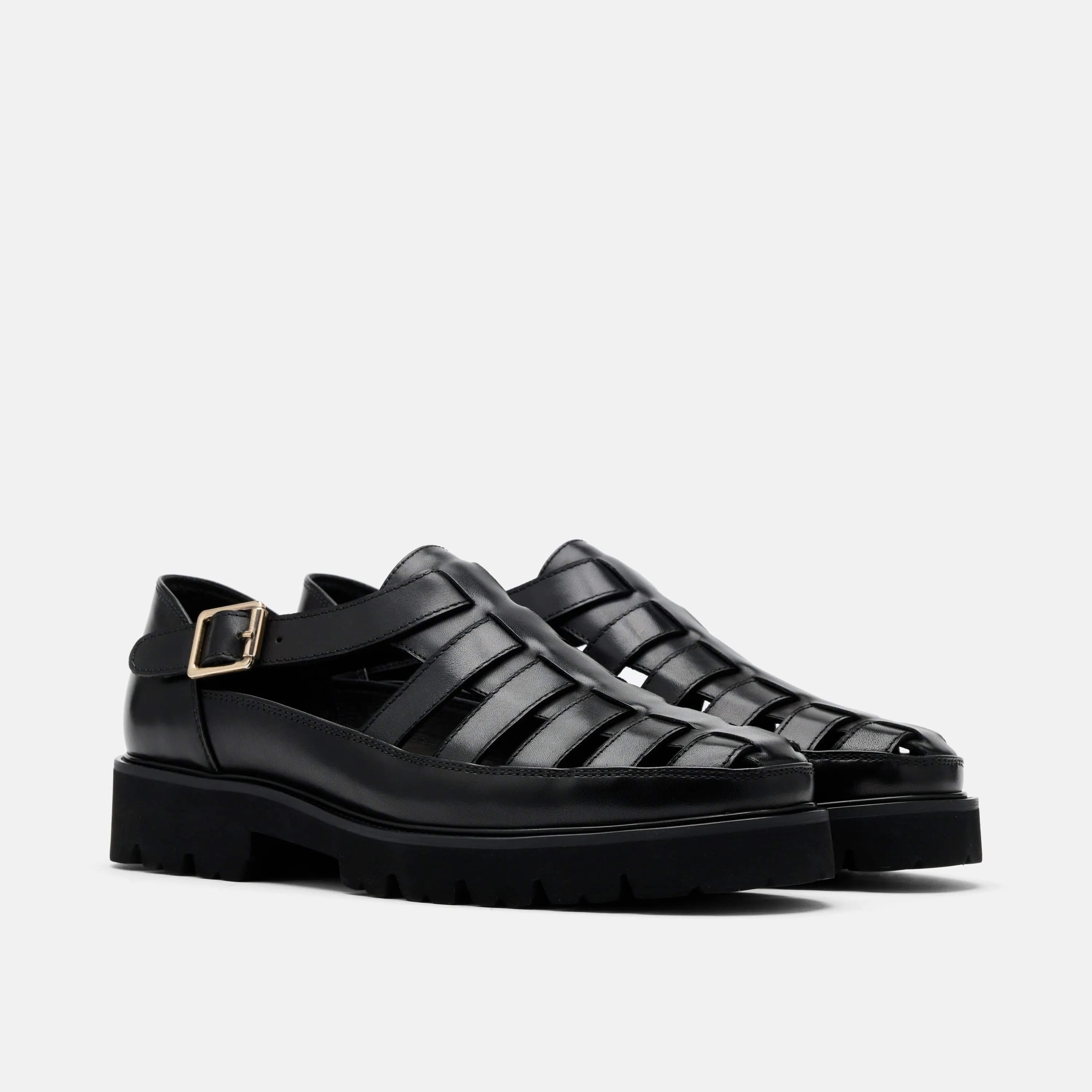 Magellan Black Leather Lug Fisherman Sandals